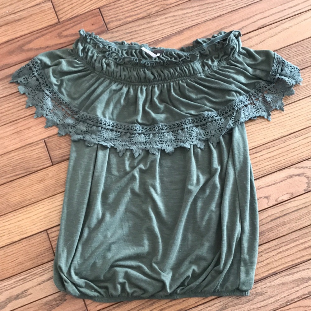 Off the shoulder olive green top.